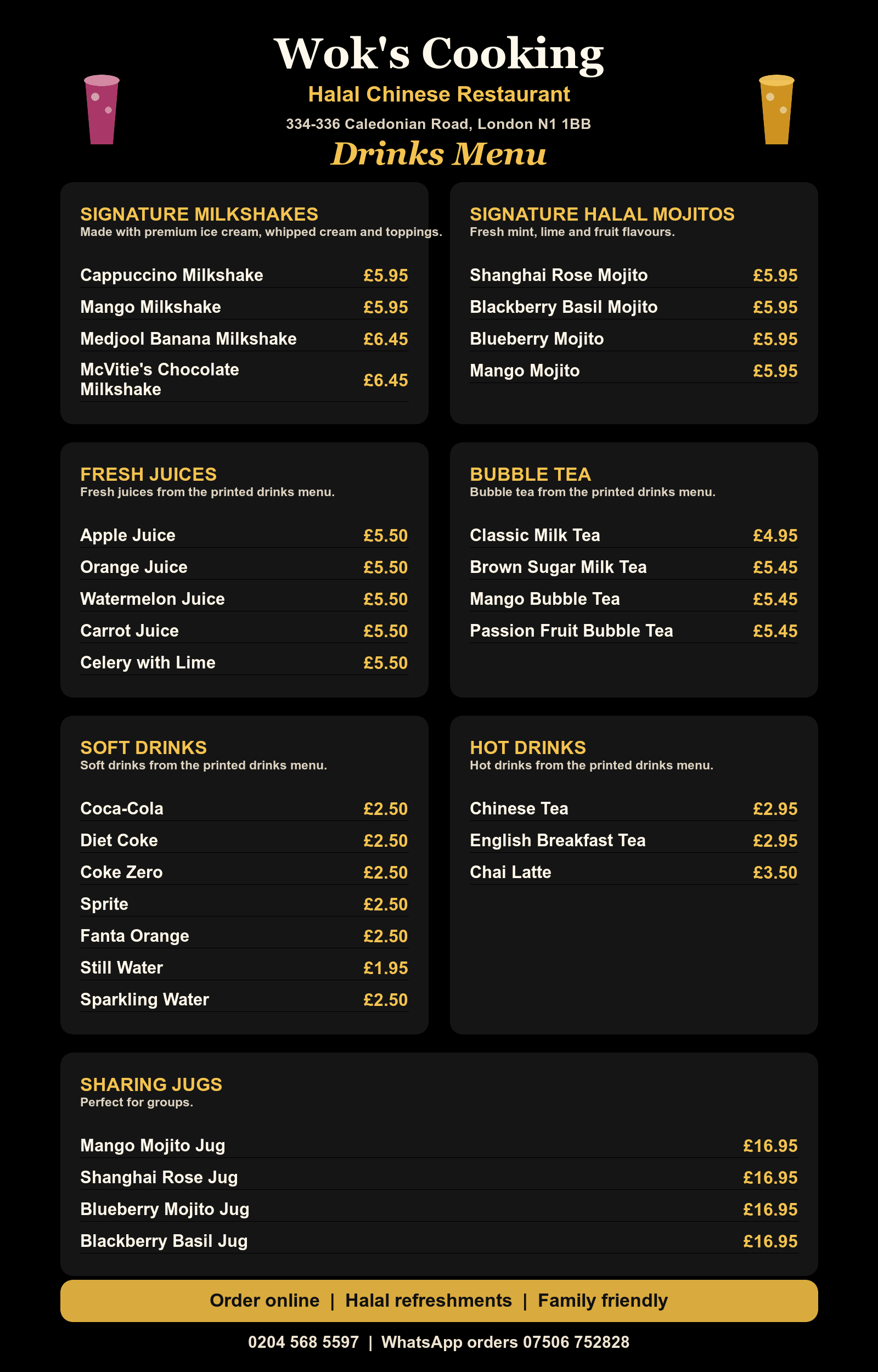 New Wok's Cooking drinks menu with milkshakes, mojitos, fresh juices, bubble tea, soft drinks, hot drinks and sharing jugs